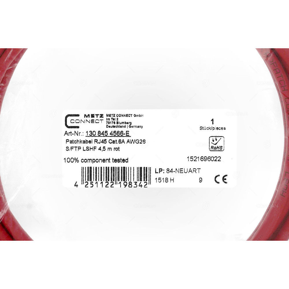 4251122198342  PATCH CORD RJ45 CAT.6A AWG26 4.5M RED